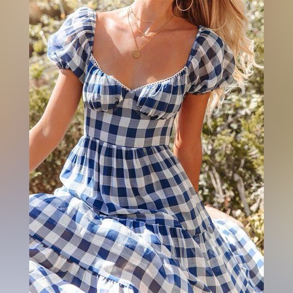 Vici Mable Rye Gingham Midi Dress Tiered Open Tie Back - Picture 4 of 5